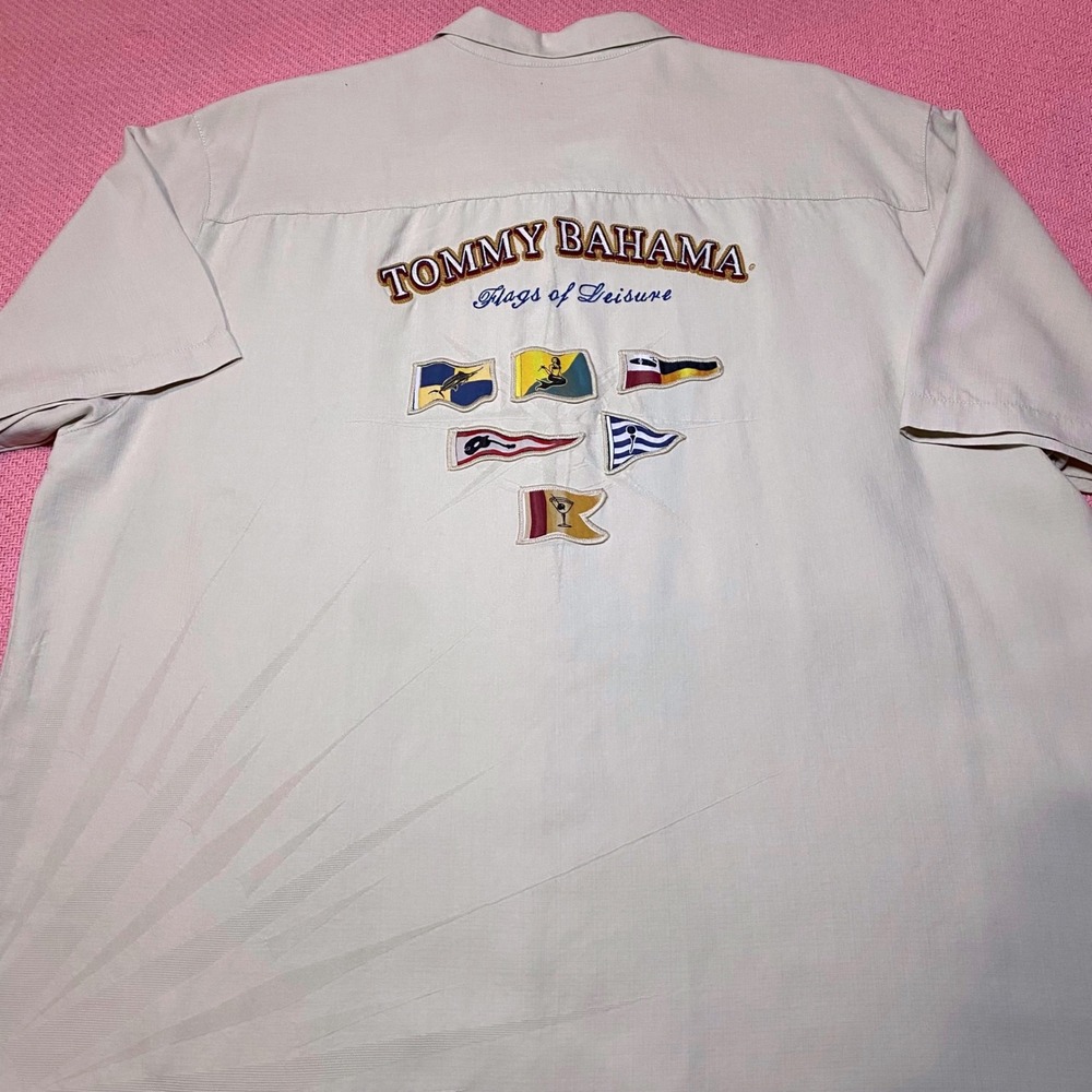 Tommy Bahama Flags of Leisure Silk Camp Shirt Mens XL Tan Jacquard Palm Fronds